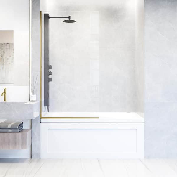 VIGO Zenith 34 in. W x 62 in. H Frameless Fixed Tub Screen Door in Matte Brushed Gold with 3/8 in. (10mm) Clear Glass