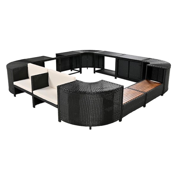 Unbranded Wicker Outdoor Spa Surround Sectional Sofa Set with Beige Cushions, Storage Space