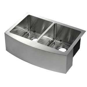 Parketon Undermount Stainless Steel 30 in. 50/50 Double Bowl Curved Farmhouse Apron Front Kitchen Sink