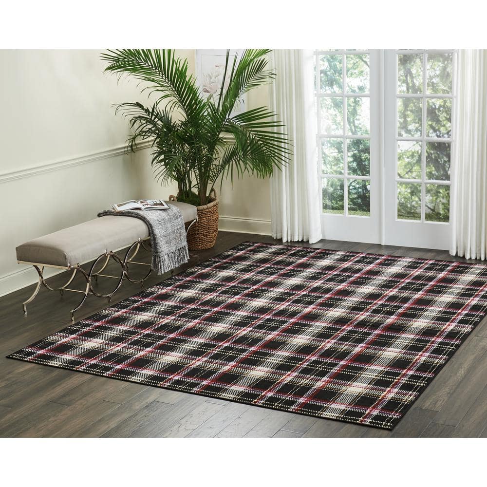 Hand-Knotted Black Plaid 8' x 10' Synthetic Area Rug