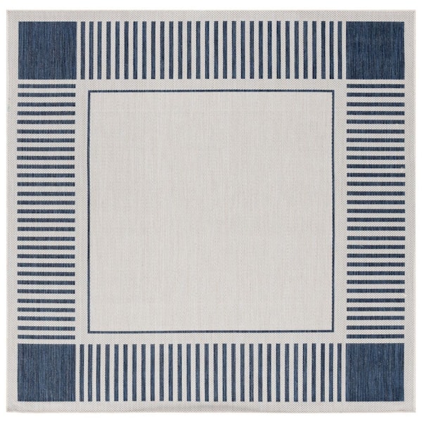Beach House 7 ft. x 7 ft. Square Ivory/Navy Striped Border Indoor/Outdoor Area Rug