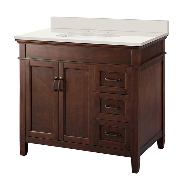 Home Decorators Collection Ashburn 37 in. x 22 in. Vanity in Mahogany with Engineered Marble Vanity Top in Winter White with White Sink