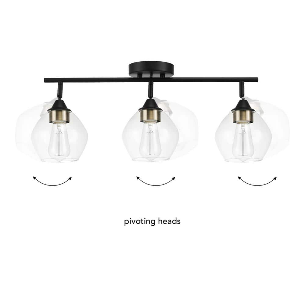 Harrow 3-Light Matte Black Track Lighting with Antique Brass Accents and Clear Glass Shades
