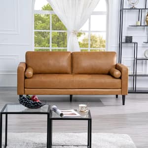 74.5 in. W Rectangle Arm Leather Straight Leather Mid-Century Sofa in Tan Brown