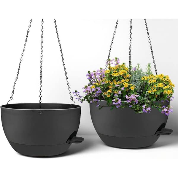 Plastic Planter (12 in. W x 6.9 in. H) Black Hanging Indoor/Outdoor with Chains Self Watering Hanging Pots-2 Pack