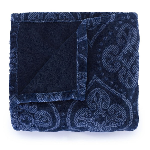 Sunbeam Ultralush Folk Foliage Blue Foot Pocket Heated Throw Blanket