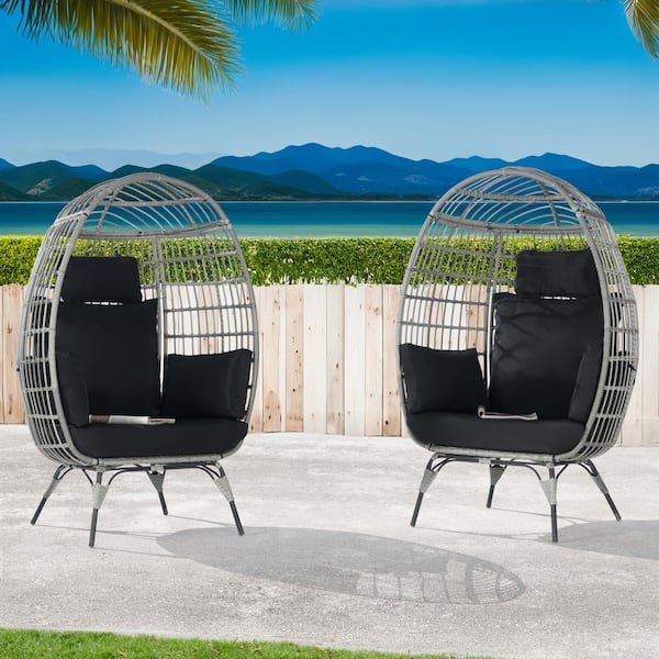 BFB 2 -Pieces Outdoor Oversized Gray Rattan Egg Chair Indoor Outdoor Chair