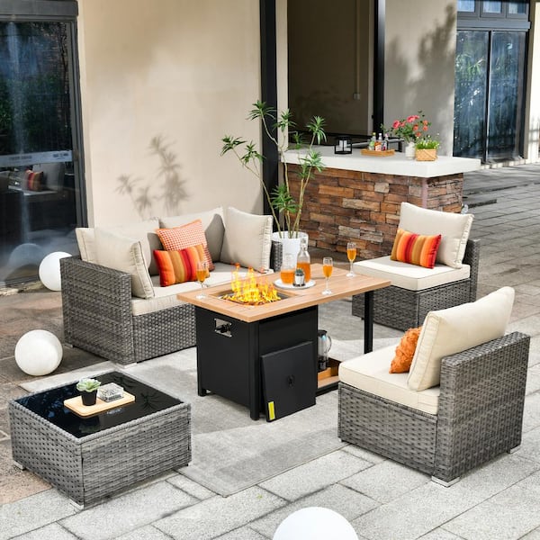 Toject Sanibel Gray 6-Piece Wicker Outdoor Patio Conversation Sofa Sectional Set with a Storage Fire Pit and Beige Cushions