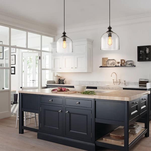 Julia 60-Watt 1-Light Modern Industrial Black Pendant Light with Bell Shape Clear Hammered Glass Shade