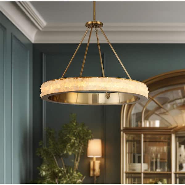 Divinely 35-Watt 1-Light 29 in. Celeste Brass Integrated LED Crystal Pendant Light with Quartz Crystalline Shade