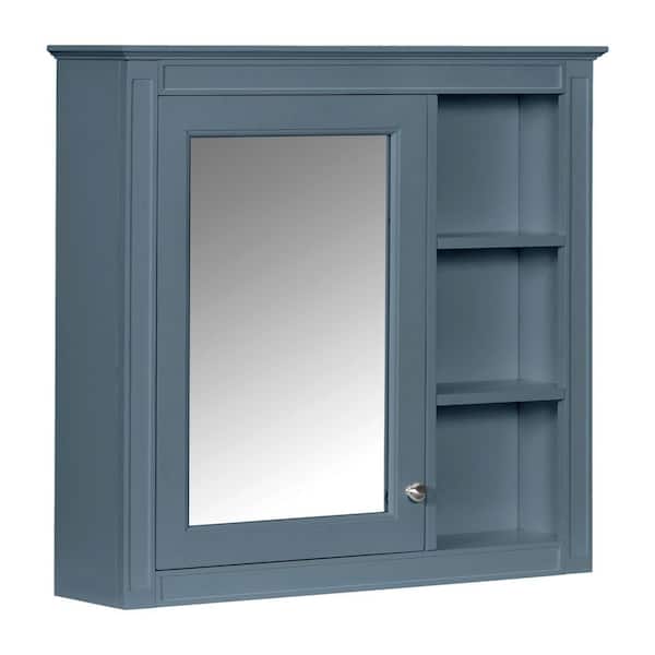 Modern 30 in. W x 28 in. H Rectangular Blue Wall Mounted Storage Medicine Cabinet with Mirror, Open Shelves