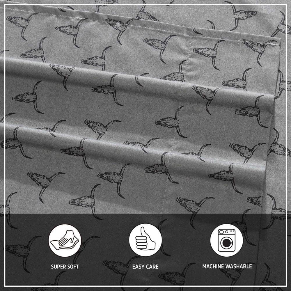 Gray Microfiber Queen Sheet Set with Steer Skull Print