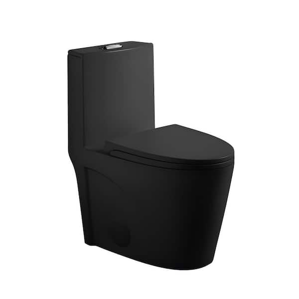 12 in. 1-Piece 1.1/1.6 GPF Dual Flush Round Toilet in Matte Black Soft Closing Seat Included,Chair Seat ADA Height 17in.