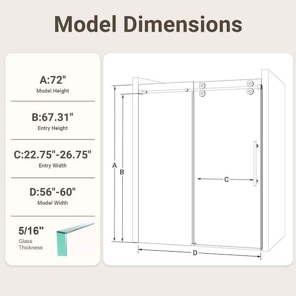 SHAAMA Valora 60 in. W x 72 in. H Single Sliding Frameless Shower