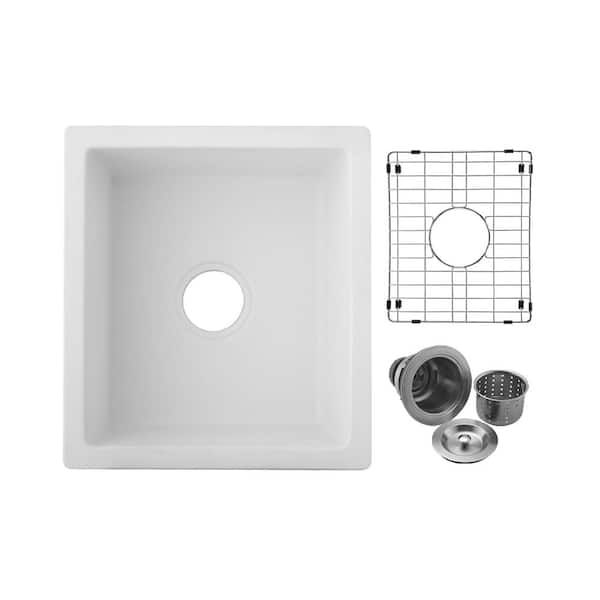 Unbranded 18 in. Drop-in/Undermount Single Bowl 1-Hole Quartz White Kitchen Sink with Bottom Grids and Strainer