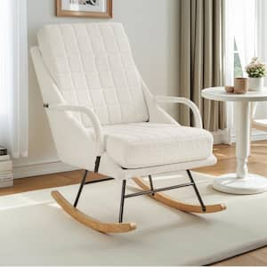 White Rocking Chair Nursery Teddy Glider Rocker with High Backrest, Upholstered Ergonomic Rocker