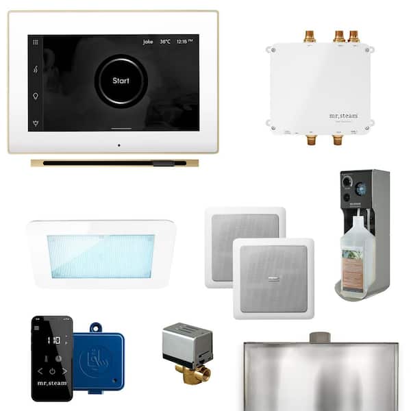 Mr. Steam Bliss Linear Programmable Steam Generator Control Kit with iSteamX Control and Linear Steamhead in White Satin Brass