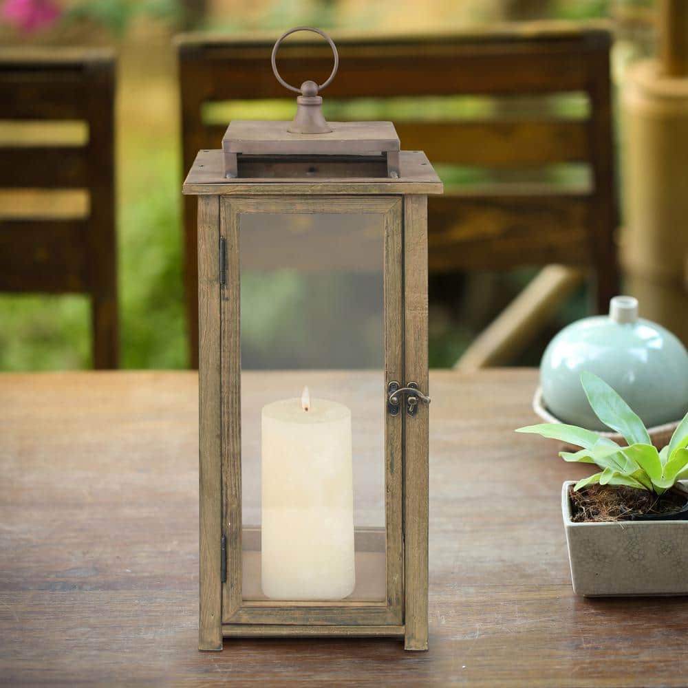 Large Rustic Wooden Hurricane Candle Lantern with Metal Top