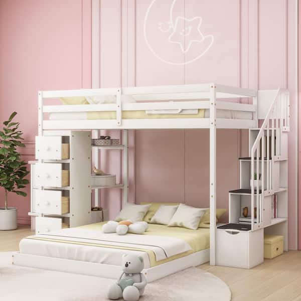White Twin Over Full Bunk Bed with 3-layer Shelves, Drawers and Storage Stairs