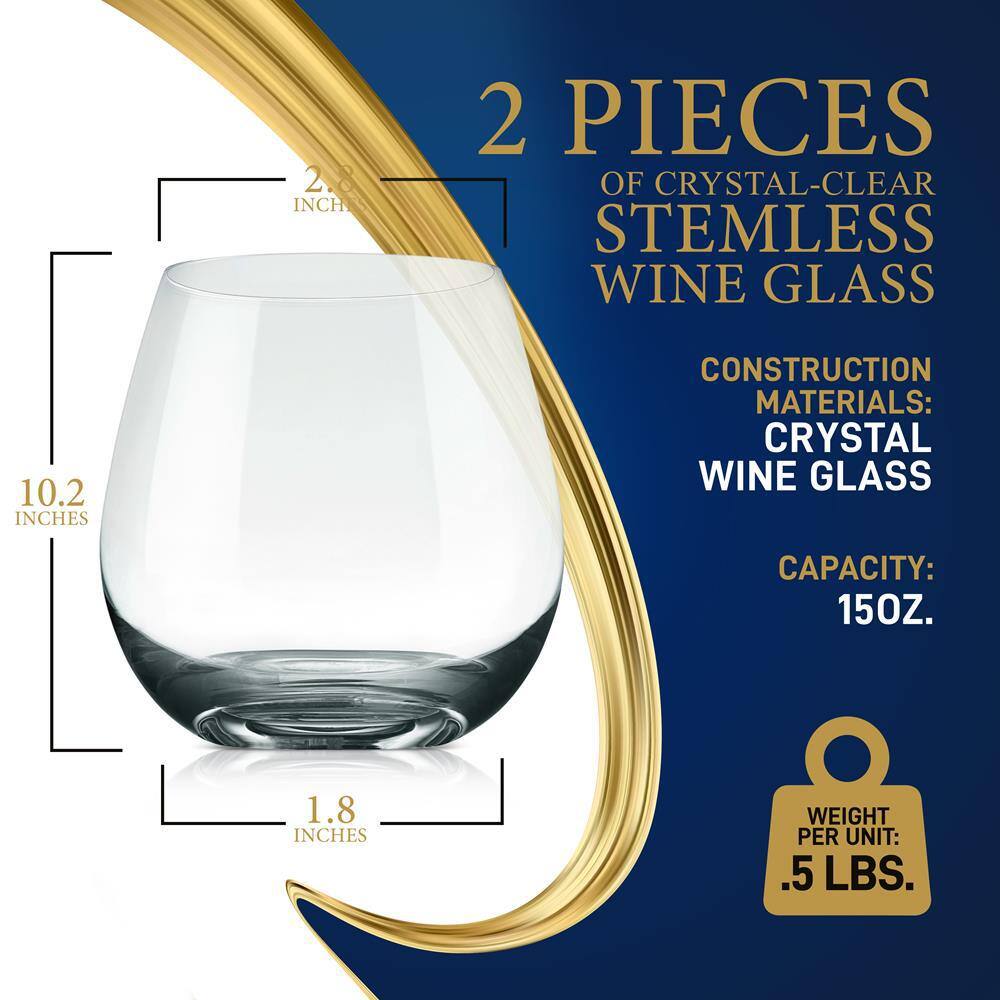 NutriChef 15oz Ultra-Thin Crystal Clear Stemless Wine Glasses Set