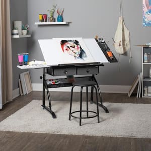Core Center 47.5 in. W White/Black Metal and PB Craft Table with Storage, Angle Adjustable Top and Stool