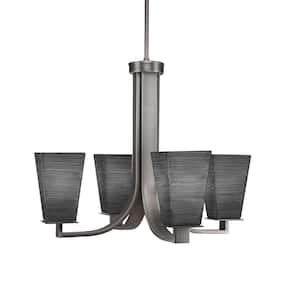 Aspen 4-Light Graphite Chandelier, Square Chandelier with 5 in. Square Gray Linen Glass Shades, No bulbs included