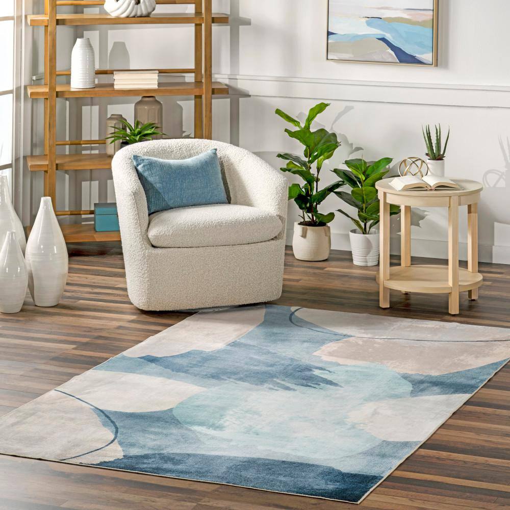 Blue Abstract Washable Non-slip Synthetic Area Rug, 3 x 5 ft