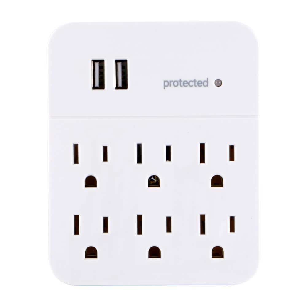 GE 6-Outlet 2 USB Charging Surge Protector Tap, White