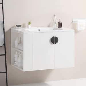 30.01 in. W x 18.3 in. D x 19.6 in. H Floating Bath Vanity in Black with White Ceramic Top and Left Open Storage Shelf