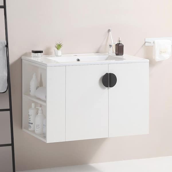 ANGELES HOME 30.01 in. W x 18.3 in. D x 19.6 in. H Floating Bath Vanity in Black with White Ceramic Top and Left Open Storage Shelf