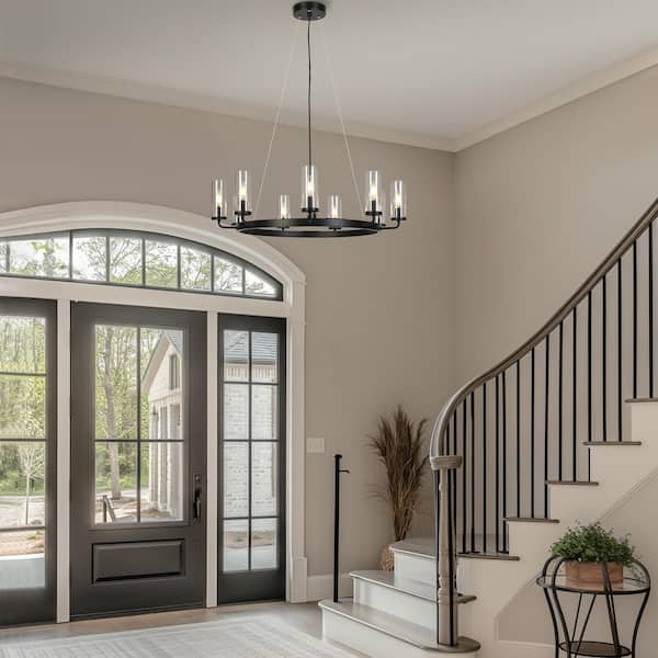 Modern Black 31 in. 9-Light Wagon Wheel Chandelier Round Island Candlestick Chandelier with Cylinder Clear Glass Shades