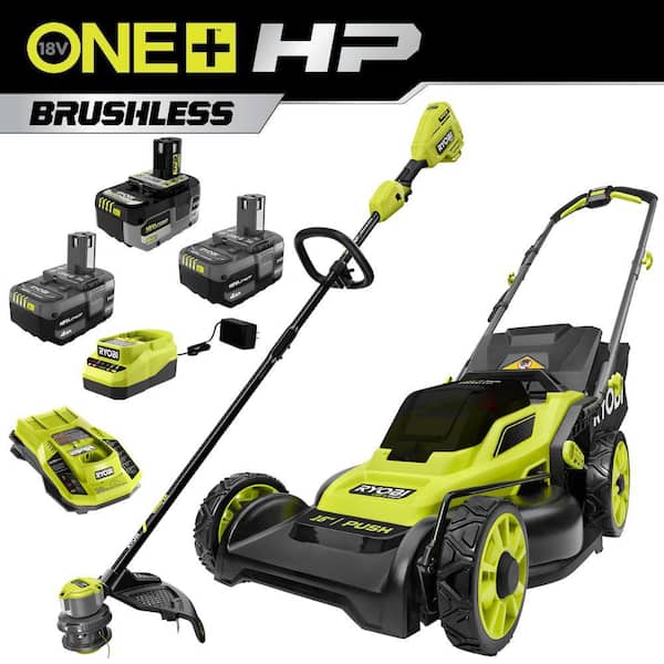 ONE+ HP 18V Brushless 16 in. Cordless Battery Push Lawn Mower & String Trimmer w/ (2) 4.0 Ah, (1) 6.0 Ah & (2) Chargers