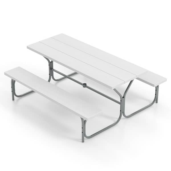 ANGELES HOME 72 in. White Rectangle Metal Picnic Table Seats 8-People with 2-Benches, Umbrella Hole