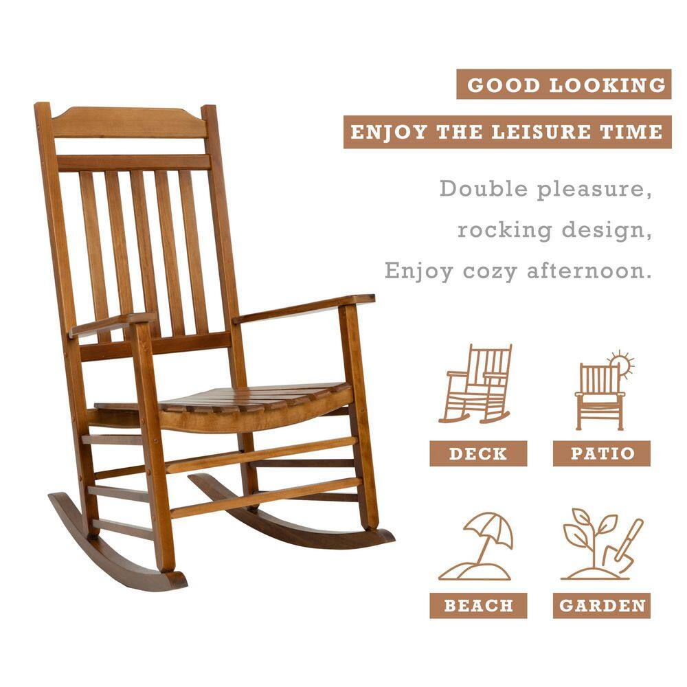 Natural Wood High Back Slat Outdoor Rocking Chair with Arms