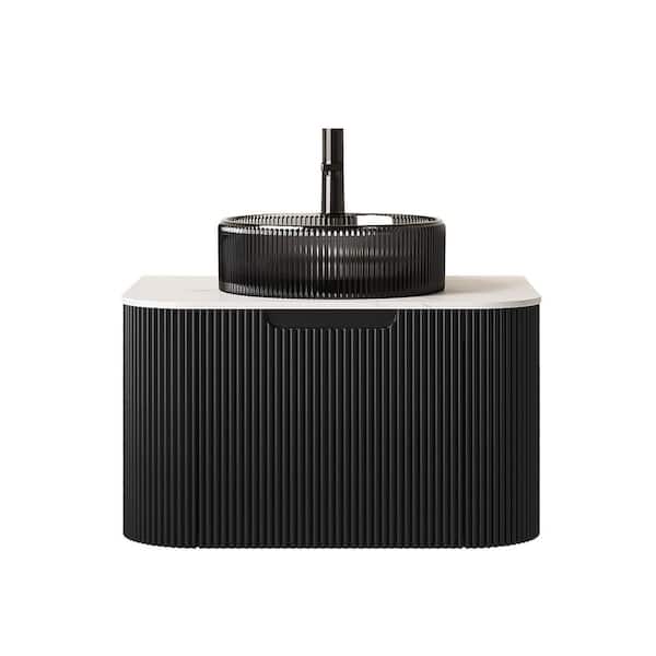 24 in. Wall-Mounted Black Bath Vanity with Carrara White Solid Surface Top Pre-Assembled