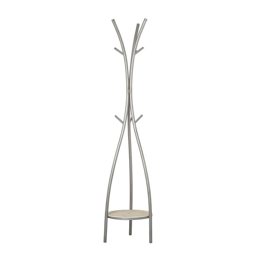 Silver and Beige Metal Freestanding Coat Rack with Shelf