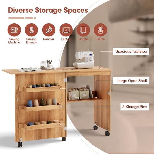 Bunpeony Natural Wood 47 in. W Kitchen Prep Table Folding Sewing