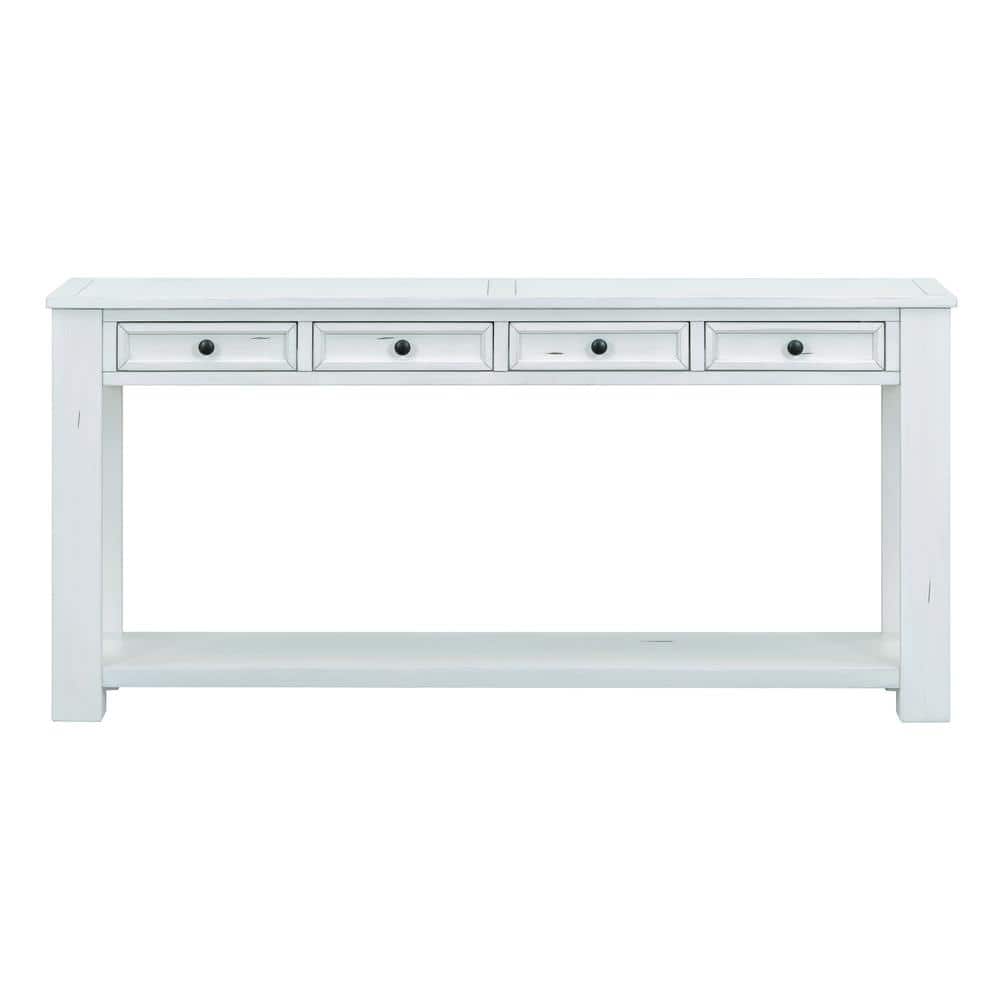 63 in. W x 14 in. D x 30 in. H Antique White Linen Cabinet Console Table wi