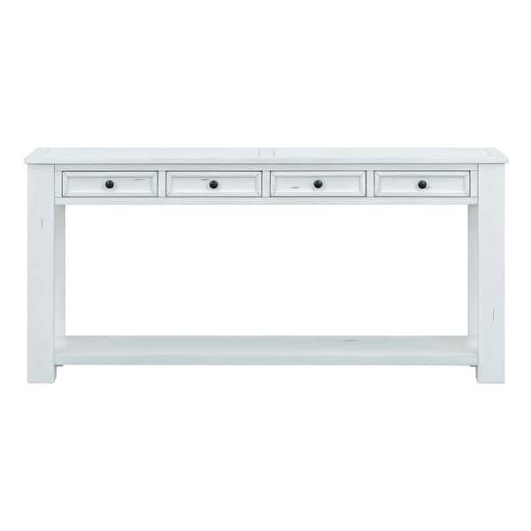 Unbranded 63 in. W x 14 in. D x 30 in. H Antique White Linen Cabinet Console Table with Storage Drawers and Bottom Shelf
