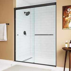 55 in. - 59 in. W x 72 in. H Double Sliding Semi-Frameless Shower Door in Matte Black with Clear Glass