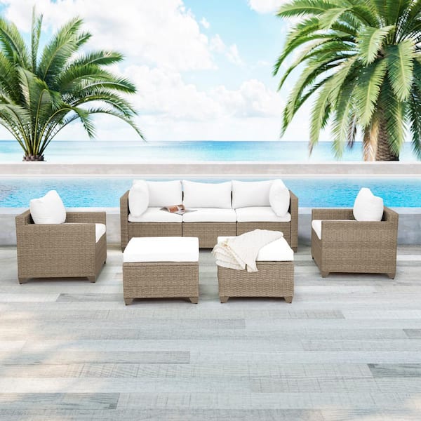 TK CLASSICS Maui 7-Piece Wicker Patio Conversation Set with Linen White Cushions