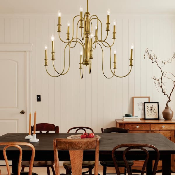 Karthe 42 in. 12-Light Natural Brass 2-Tier Vintage Candle Circle Chandelier for Dining Room