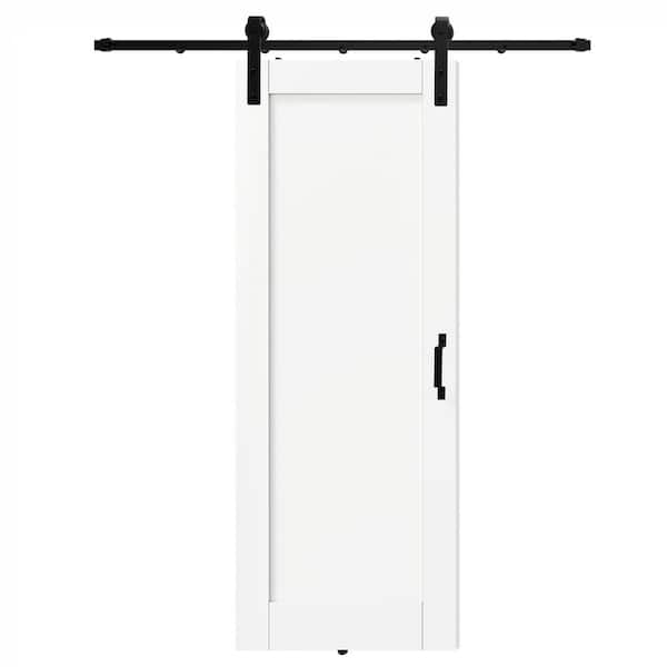 TENONER 28 in. x 80 in. 1 Panel Core White Primed Pine Wood Barn Door Slab with Full Barn Door Hardware Kit Set