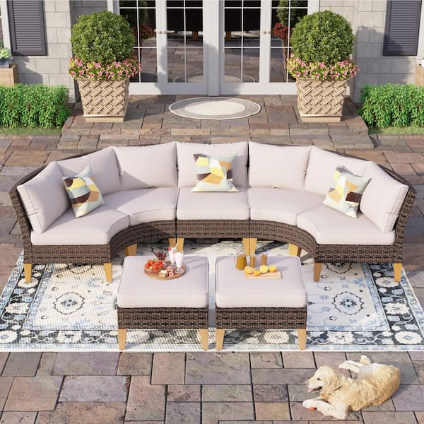 PHI VILLA Brown Rattan Wicker 7 Seat 7-Piece Steel Outdoor Patio Conversation Set with Beige Cushions
