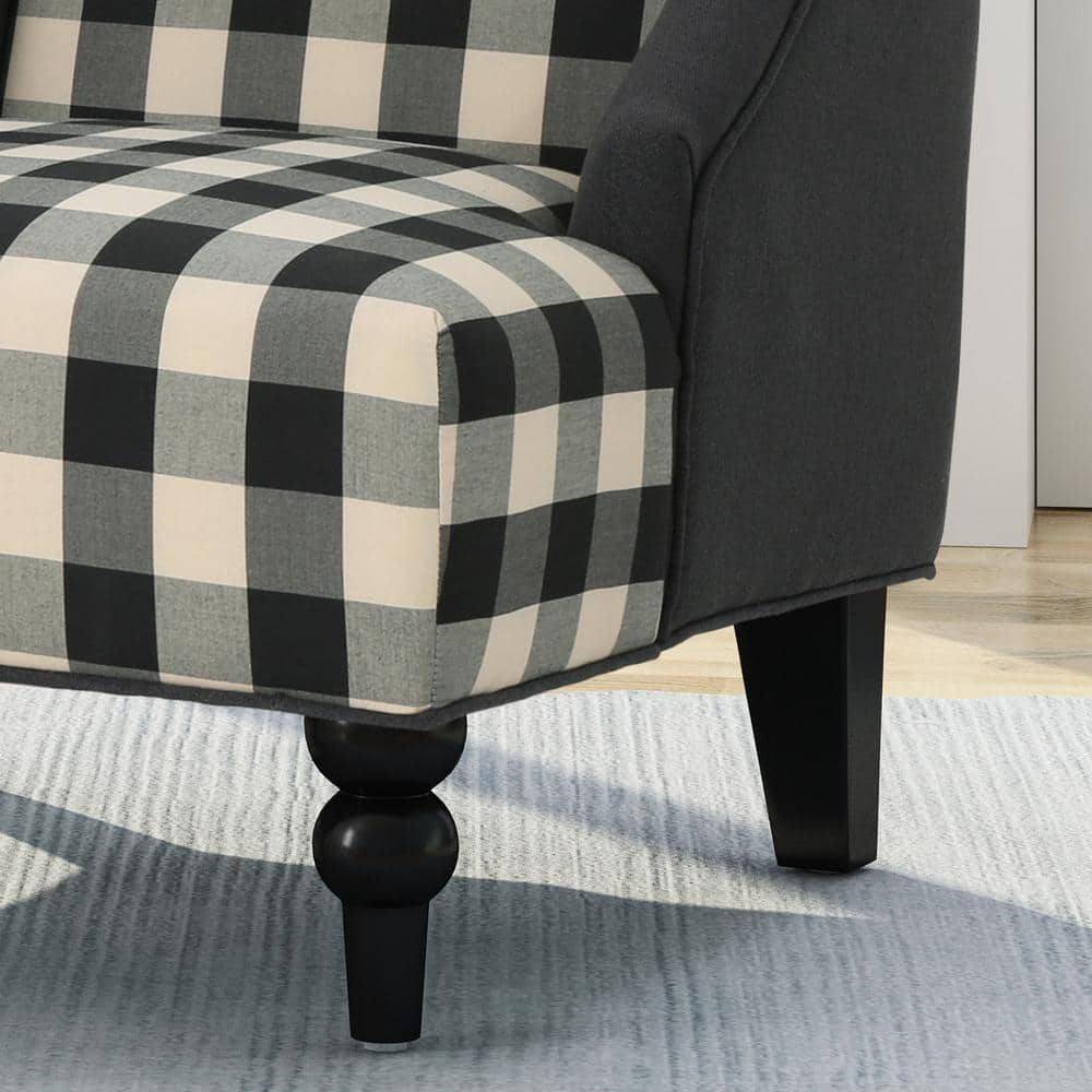Handcrafted Black and Beige Plaid Wood Club Accent Chair