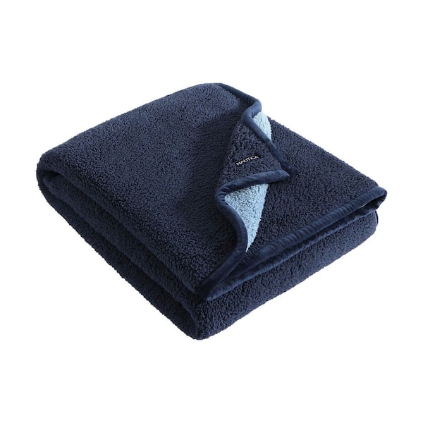 Nautica 2 Ply Bi-Color Solid Sherpa 60 in. x 50 in. Navy Blue Microfiber Throw Blanket