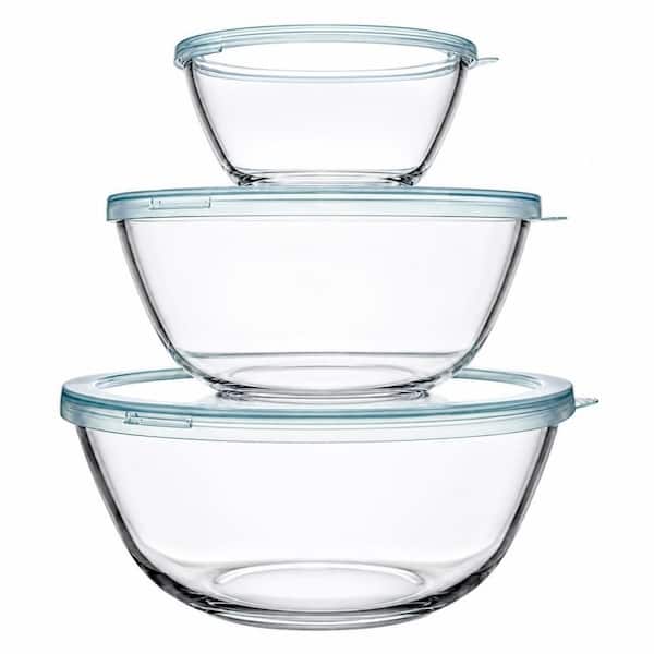 Kitchen Essential 3-Piece High Borosilicate Glass Clear Blue Mixing Bowl Set with Airtight Lids and Heat-Cold Resistance