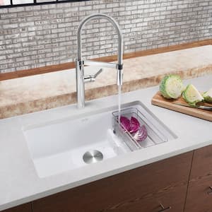 PRECIS CASCADE Undermount Granite Composite 29 in. Single Bowl Kitchen Sink with Mesh Colander in White