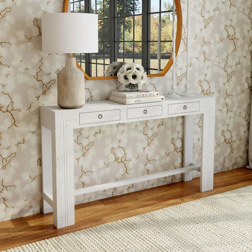 UPC 797379015512 product image for Janta 55.5 in. White Rectangular Wood 3 Drawer Console Table | upcitemdb.com