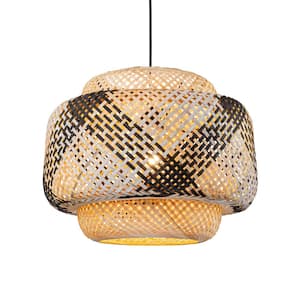 1-Light 3-Tiered Black and White Hand-Woven Natural Bamboo Pendant Light